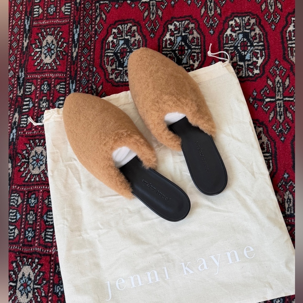 NEW Jenni Kayne Shearling Mule Slip On Flat Shoes Brown Black Leather Slides - Picture 8 of 9